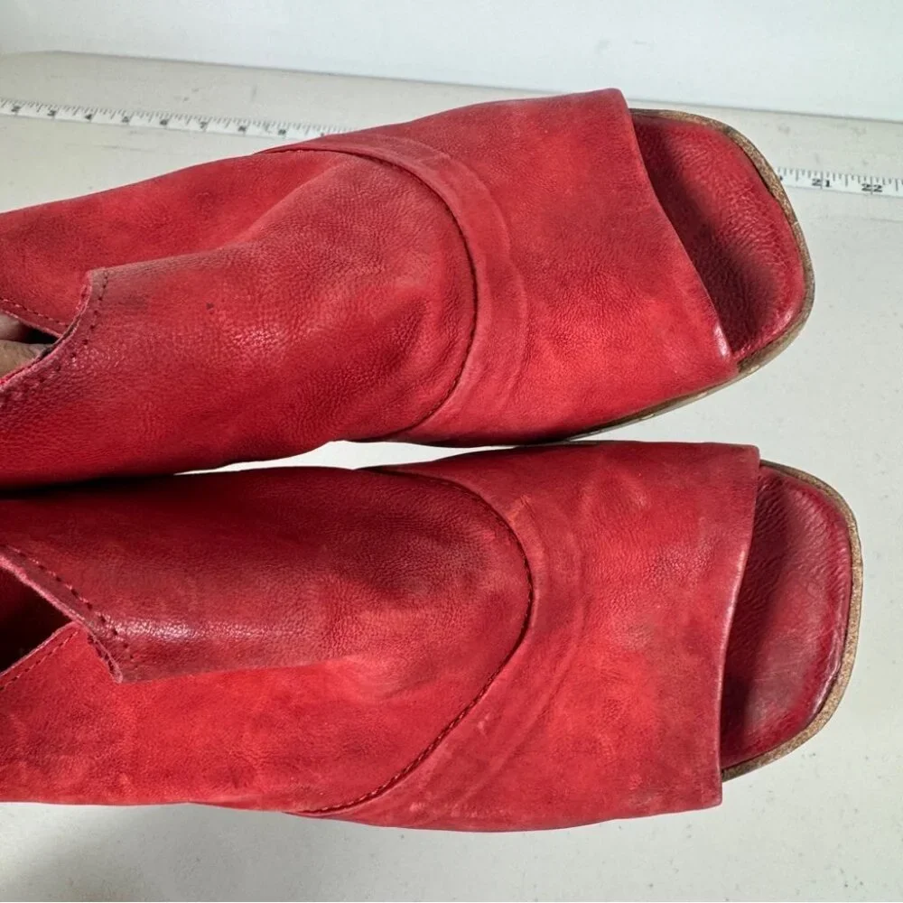 AS98 Red Leather Peep Toe Mules Size 38 Block Heel Boho Hippie Lagenlook - Picture 9 of 16
